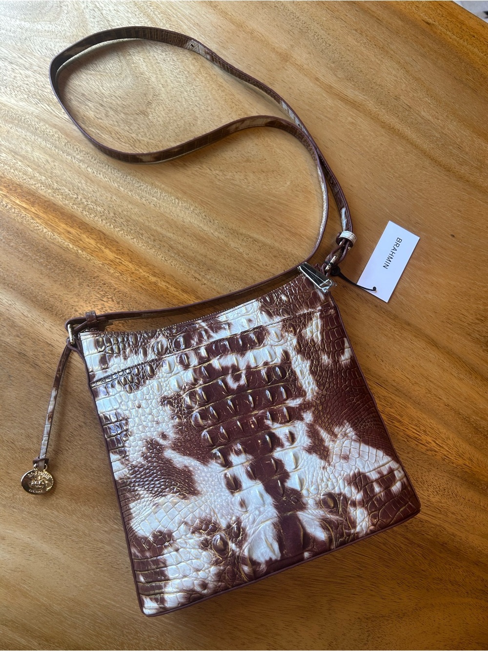 Brahmin Brown & Cream Croc-Embossed Crossbody